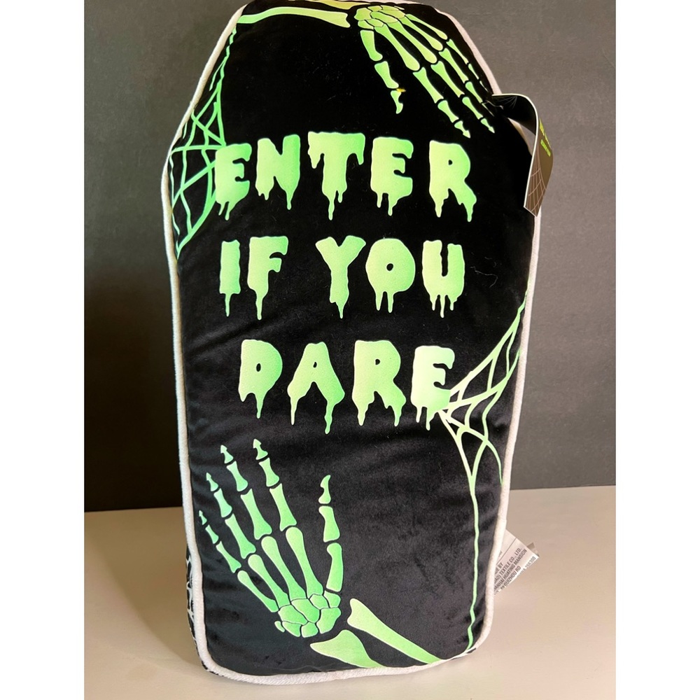 Halloween Glow in the Dark Coffin Throw Pillow Enter if you Dare Skeleton Hands
